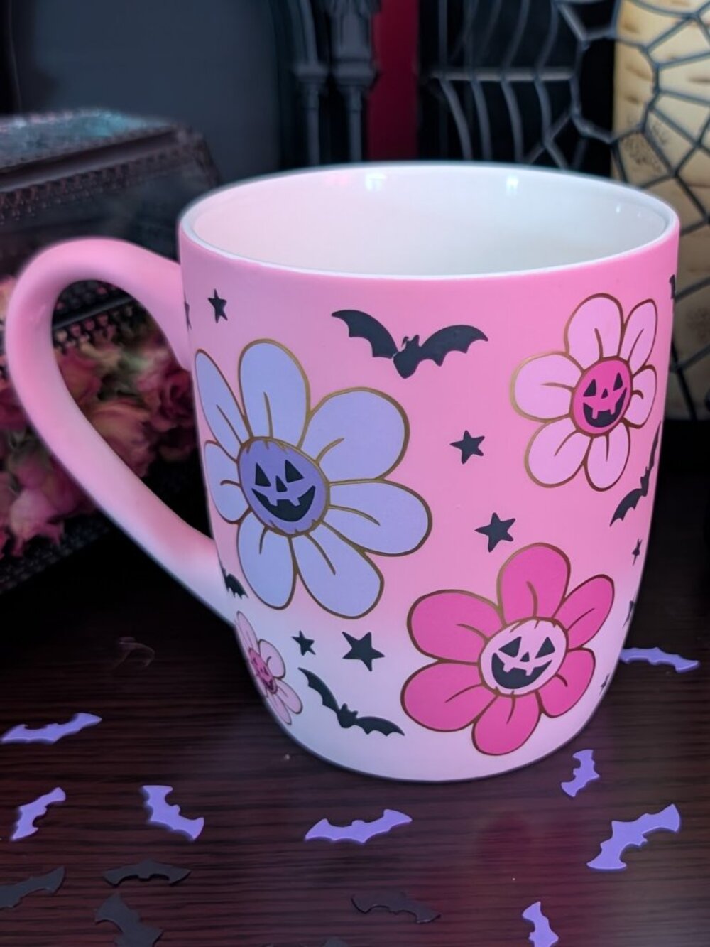 Halloween Mug Jack O'Lantern Faces on Multicolor Flowers